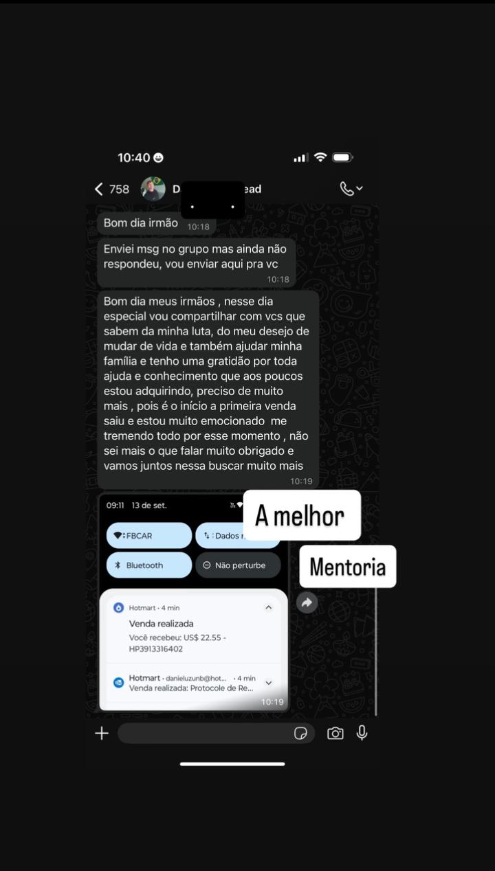 Print de conversa no WhatsApp com depoimento de mentorado