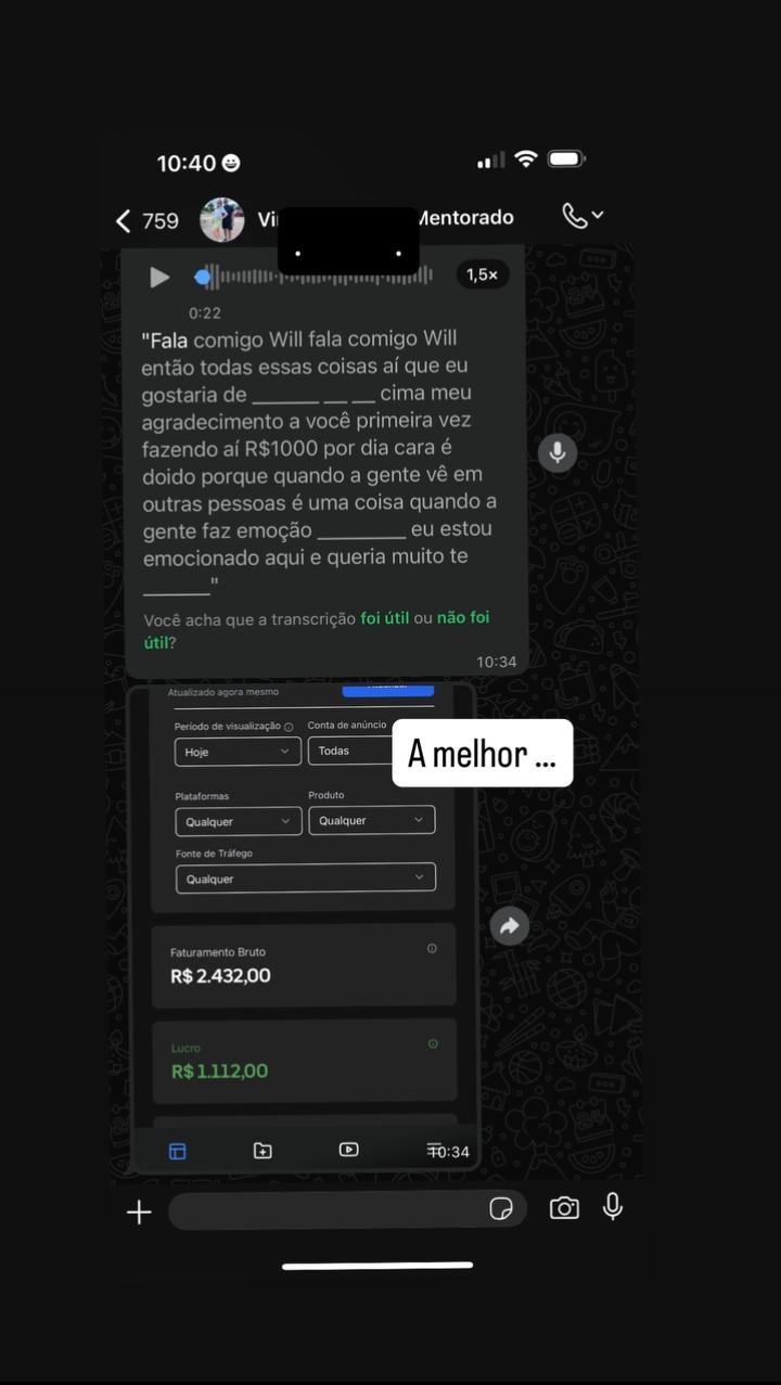 Print de conversa no WhatsApp com depoimento de mentorado