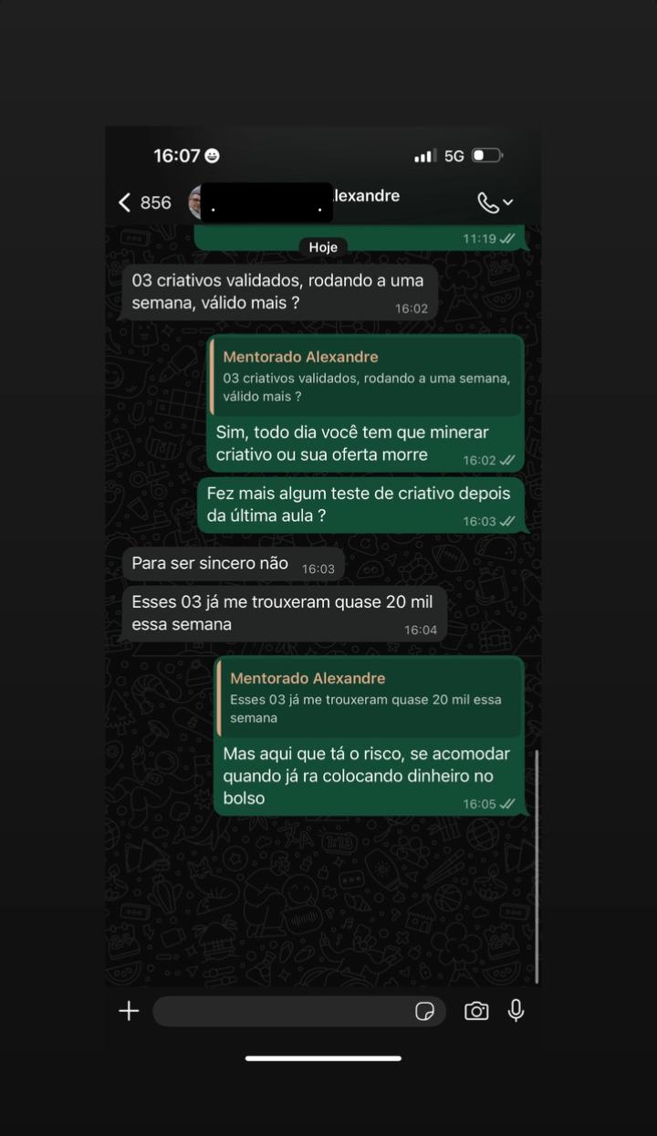 Print de conversa no WhatsApp com depoimento de mentorado